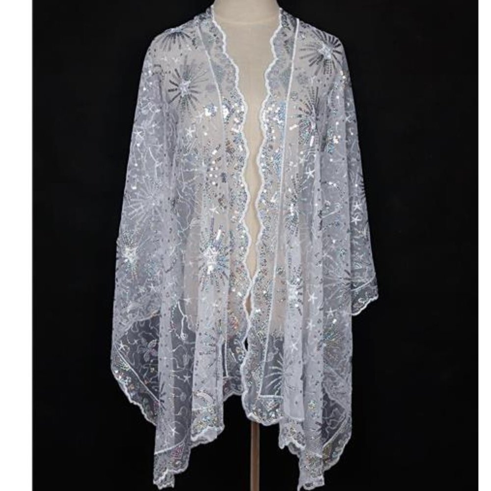 Boho Silver Star Lace Sheer Sequin‎ Embellished Wedding Bridal Shawl Wrap Scarf - Picture 2 of 5
